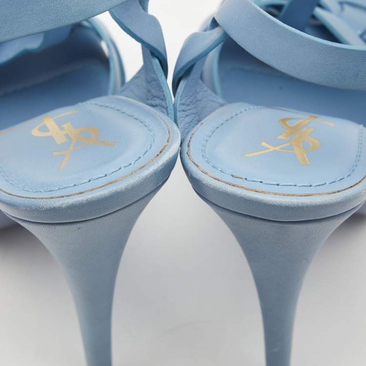 Pre Owned Yves Saint Laurent Blue Leather Tribute Platform Sandals Size 38