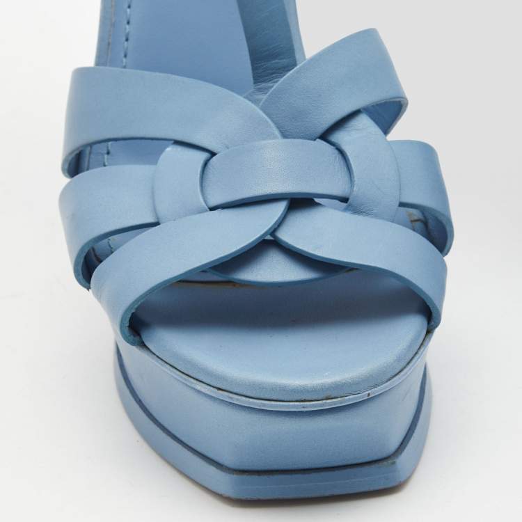 Pre Owned Yves Saint Laurent Blue Leather Tribute Platform Sandals Size 38