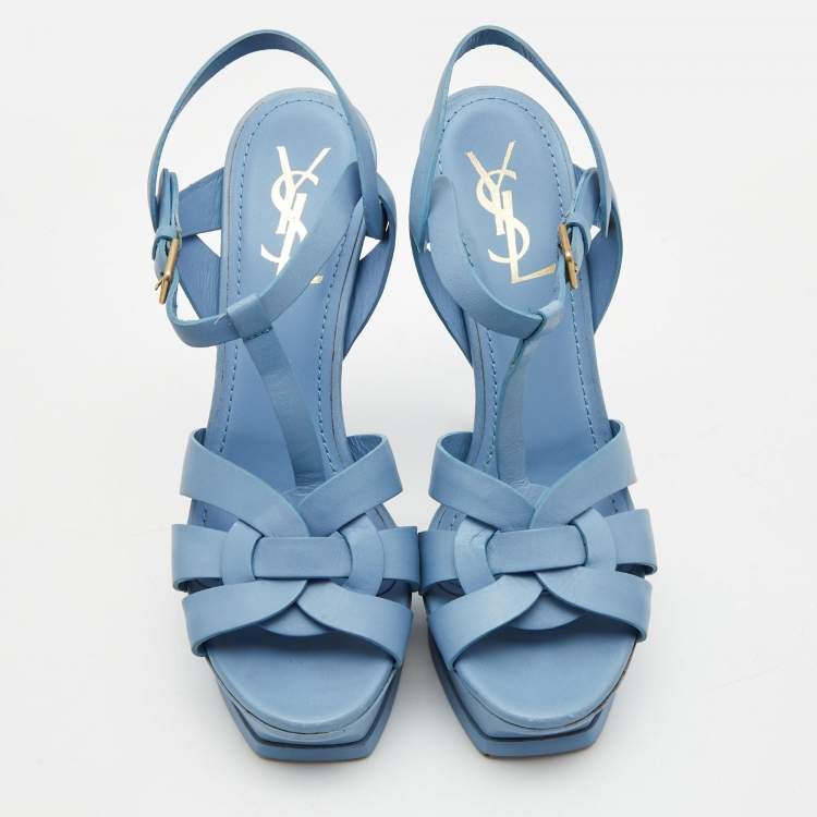 Pre Owned Yves Saint Laurent Blue Leather Tribute Platform Sandals Size 38