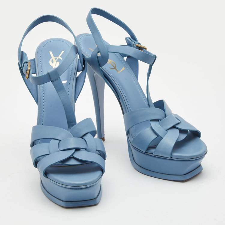 Pre Owned Yves Saint Laurent Blue Leather Tribute Platform Sandals Size 38