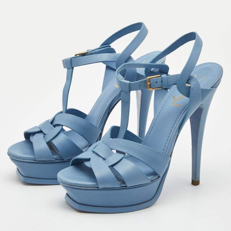 Pre Owned Yves Saint Laurent Blue Leather Tribute Platform Sandals Size 38