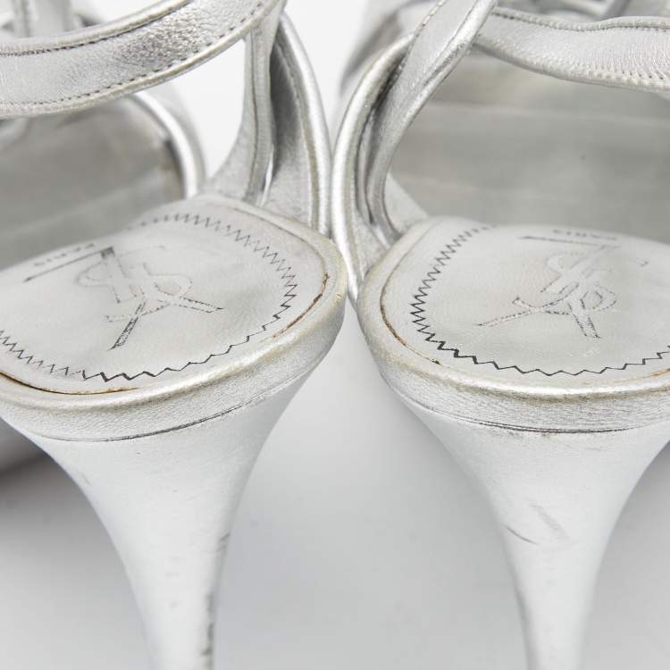 Pre Owned Yves Saint Laurent Silver leather Tribute Sandals Size 38