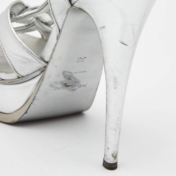 Pre Owned Yves Saint Laurent Silver leather Tribute Sandals Size 38