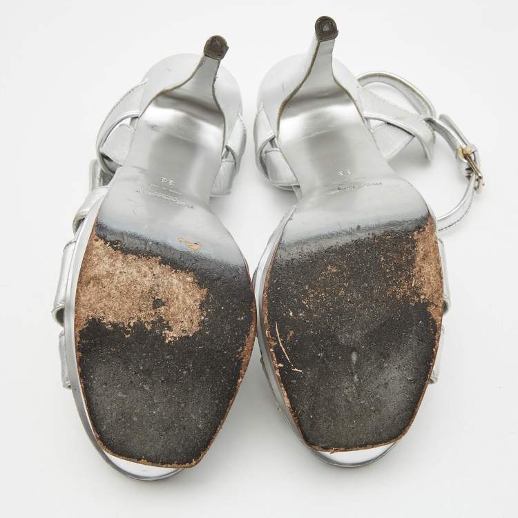 Pre Owned Yves Saint Laurent Silver leather Tribute Sandals Size 38