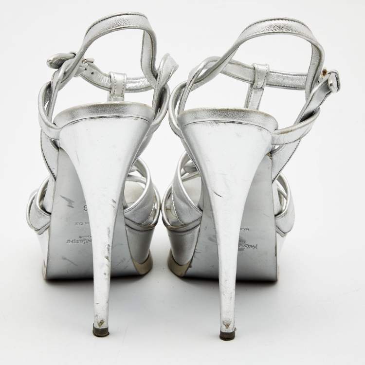 Pre Owned Yves Saint Laurent Silver leather Tribute Sandals Size 38