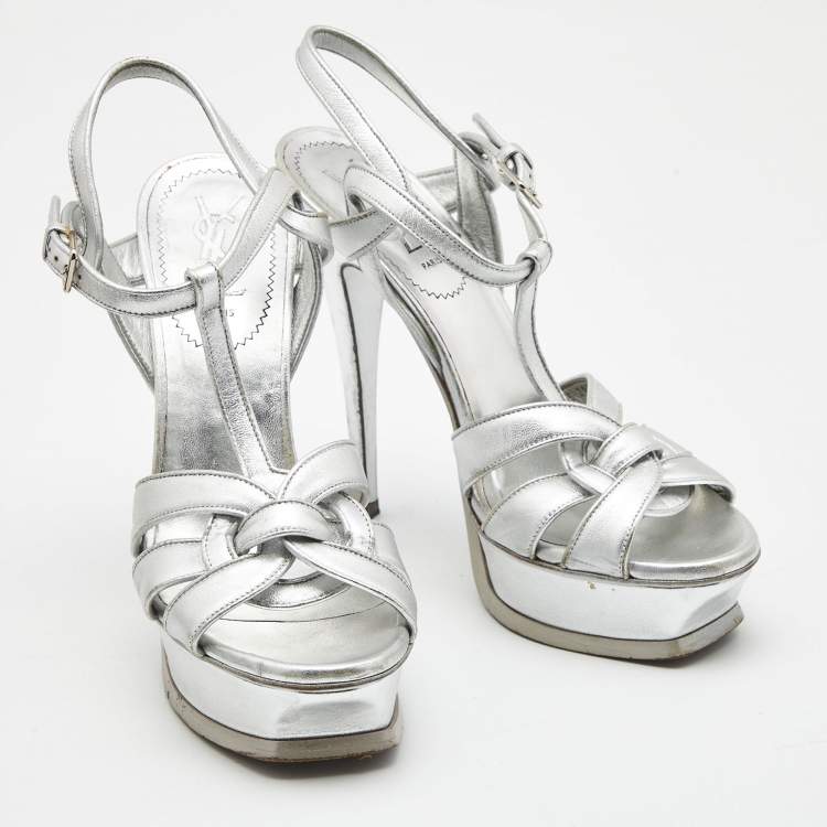 Pre Owned Yves Saint Laurent Silver leather Tribute Sandals Size 38