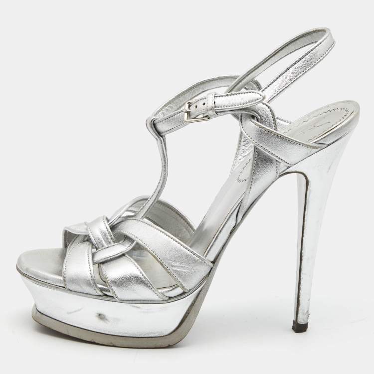 Pre Owned Yves Saint Laurent Silver leather Tribute Sandals Size 38