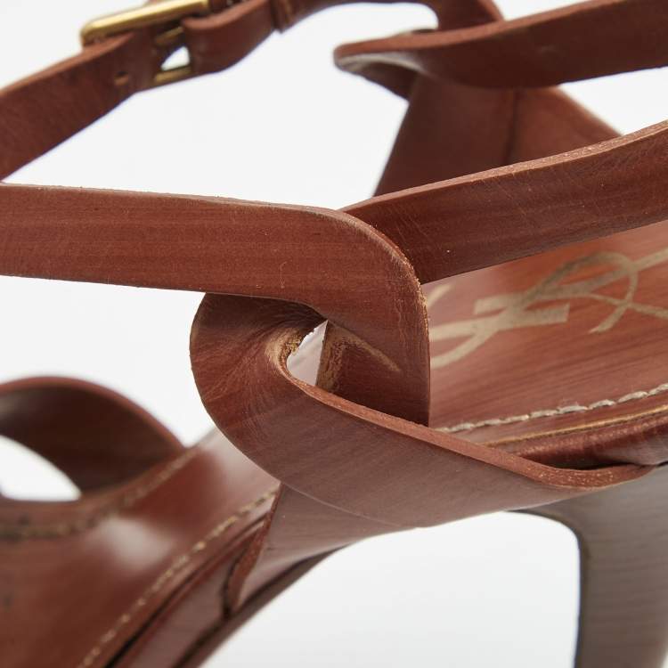 Pre Owned Yves Saint Laurent Brown Leather Tribute Sandals Size 38