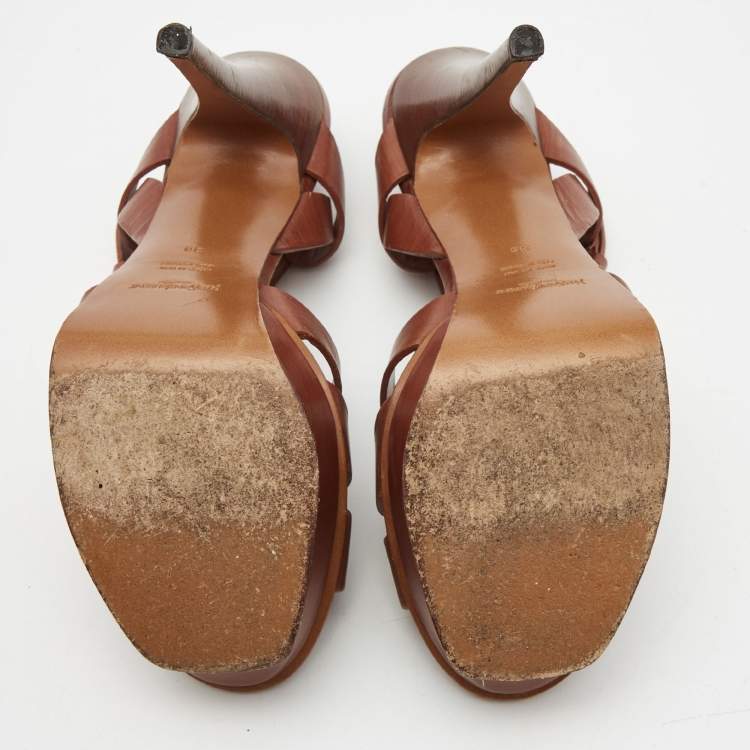 Pre Owned Yves Saint Laurent Brown Leather Tribute Sandals Size 38