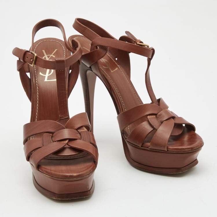 Pre Owned Yves Saint Laurent Brown Leather Tribute Sandals Size 38