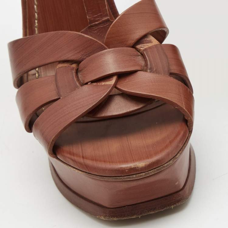 Pre Owned Yves Saint Laurent Brown Leather Tribute Sandals Size 38