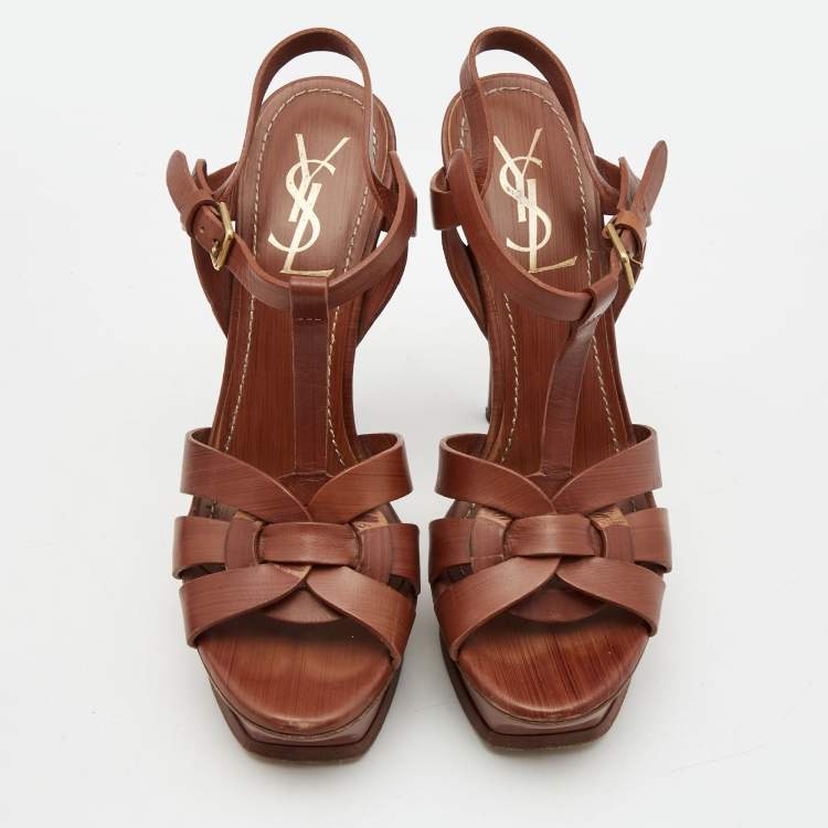 Pre Owned Yves Saint Laurent Brown Leather Tribute Sandals Size 38