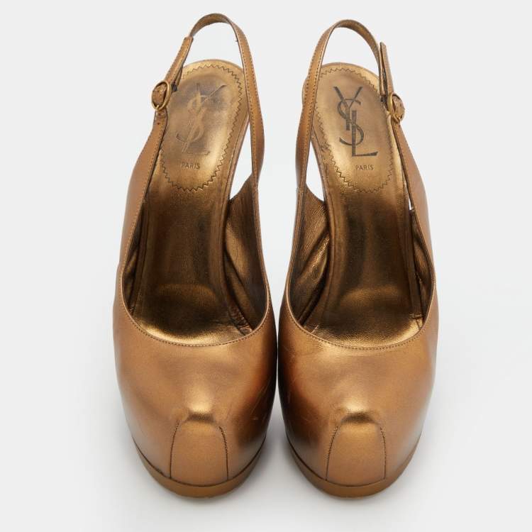 Pre Owned Yves Saint Laurent Metallic Brown Leather Tribtoo Slingback Platform Pumps Size 39
