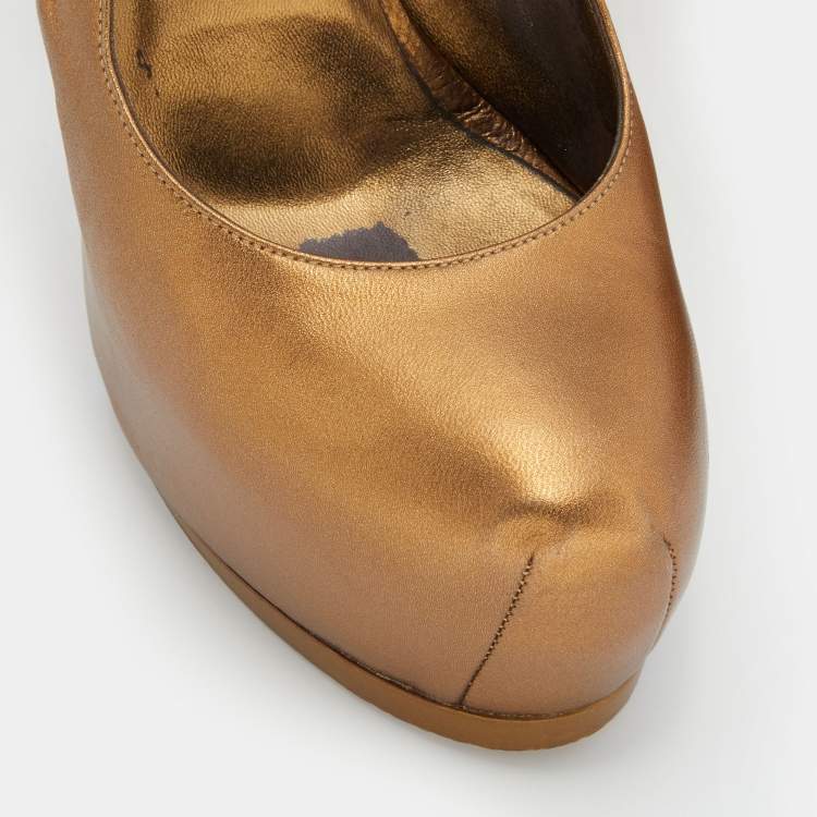 Pre Owned Yves Saint Laurent Metallic Brown Leather Tribtoo Slingback Platform Pumps Size 39