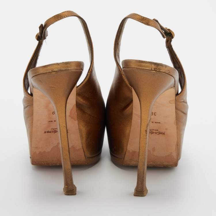 Pre Owned Yves Saint Laurent Metallic Brown Leather Tribtoo Slingback Platform Pumps Size 39