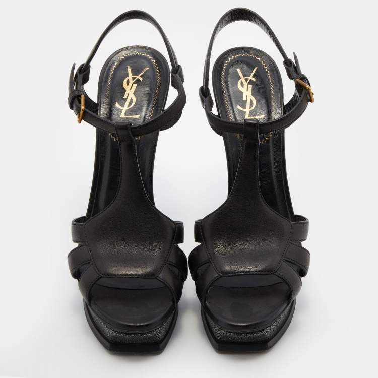 Pre Owned Yves Saint Laurent Black Patent Leather T-Strap Platform Sandals Size 39