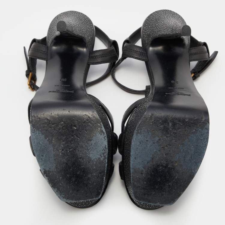Pre Owned Yves Saint Laurent Black Patent Leather T-Strap Platform Sandals Size 39