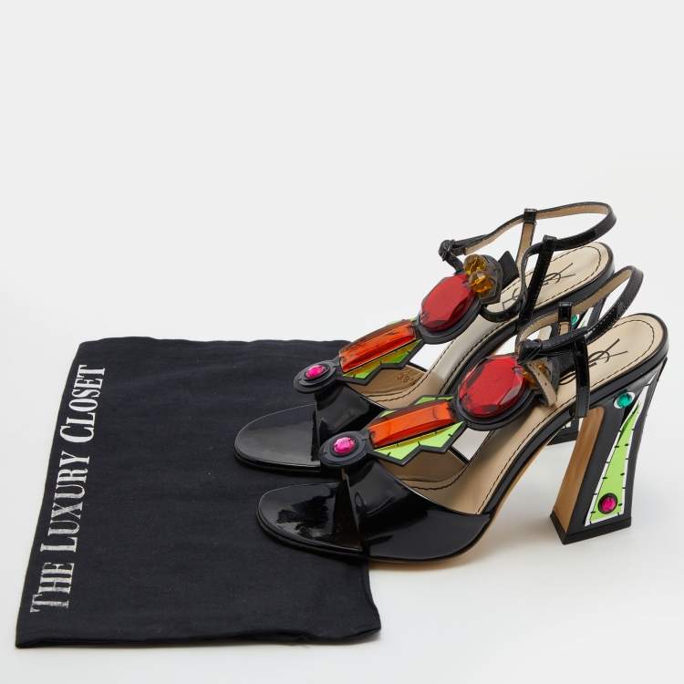 Pre Owned Yves Saint Laurent Black Patent Leather Embellished T-Strap Sandals Size 38.5