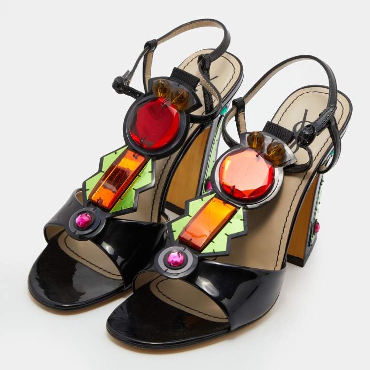 Pre Owned Yves Saint Laurent Black Patent Leather Embellished T-Strap Sandals Size 38.5
