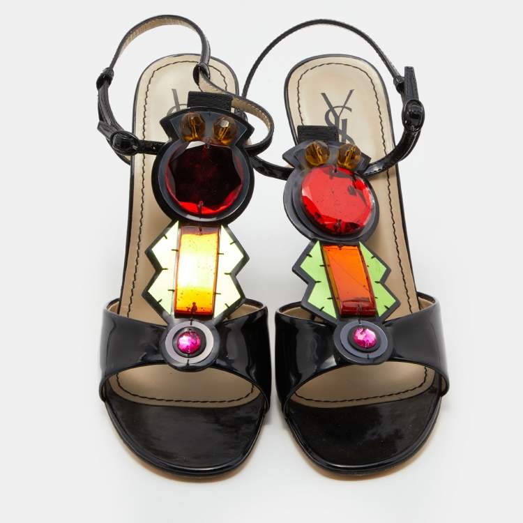 Pre Owned Yves Saint Laurent Black Patent Leather Embellished T-Strap Sandals Size 38.5