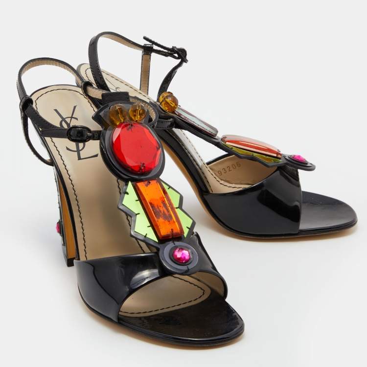 Pre Owned Yves Saint Laurent Black Patent Leather Embellished T-Strap Sandals Size 38.5