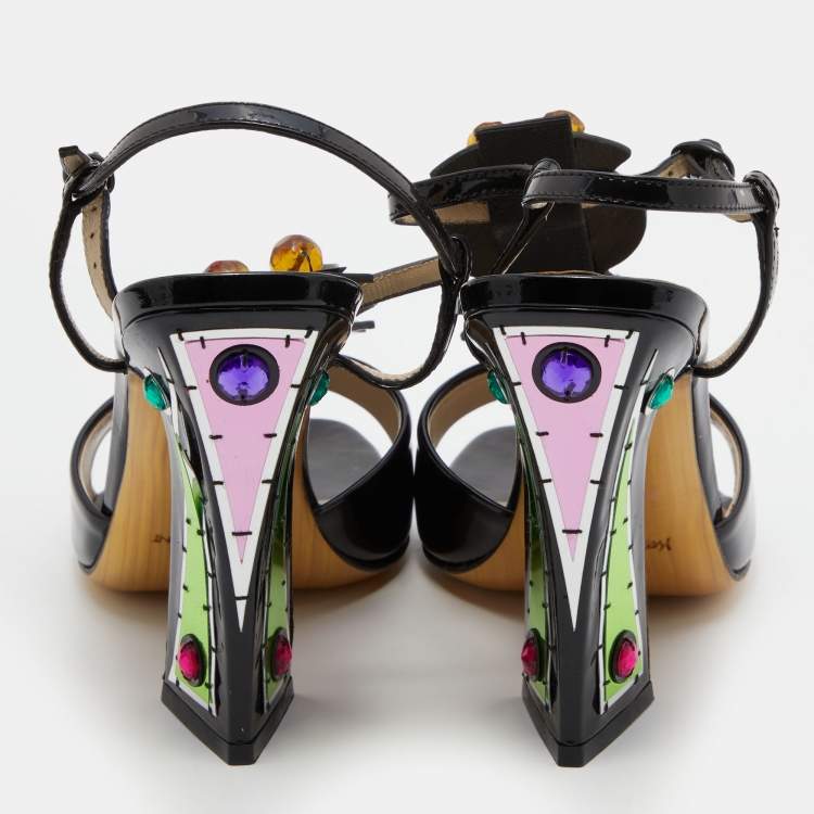 Pre Owned Yves Saint Laurent Black Patent Leather Embellished T-Strap Sandals Size 38.5
