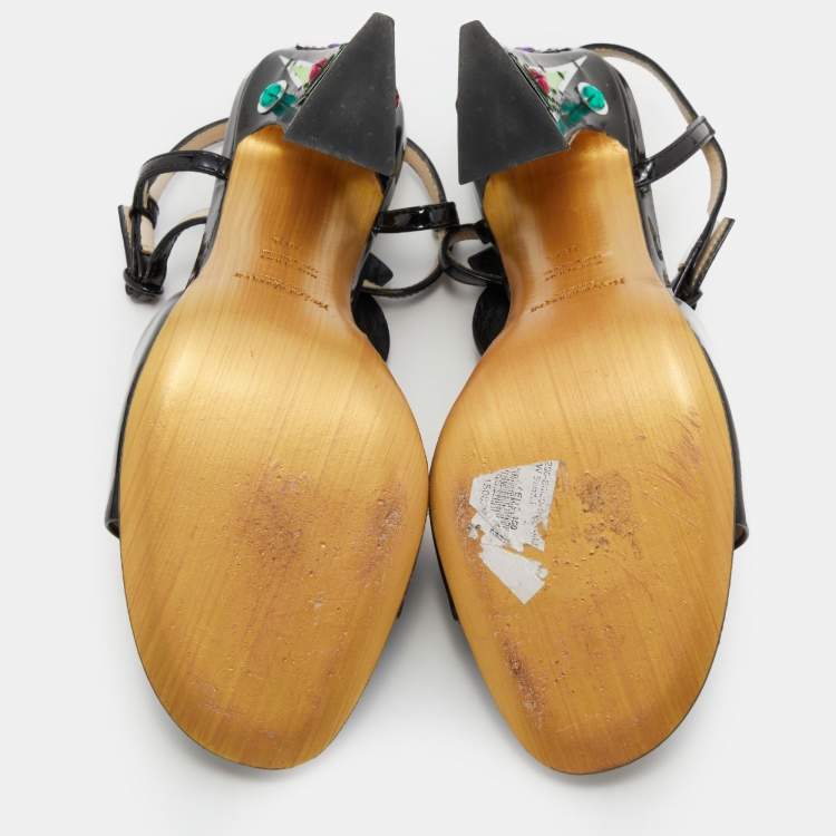 Pre Owned Yves Saint Laurent Black Patent Leather Embellished T-Strap Sandals Size 38.5