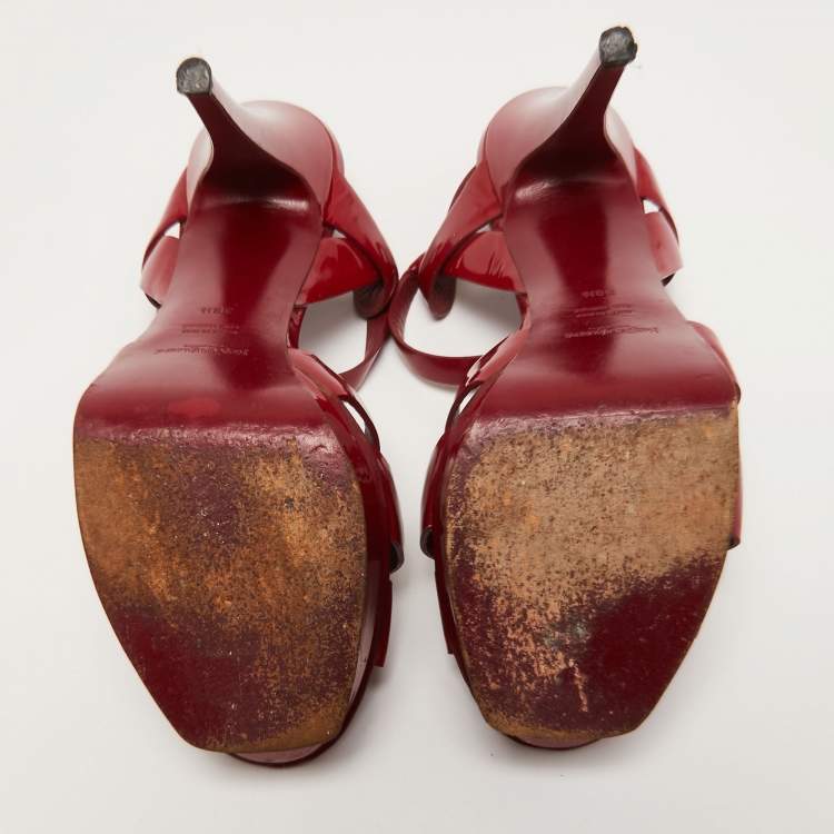 مملوكة مسبقًا Yves Saint Laurent Burgundy Patent Leather Tribute Sandals Size 38.5