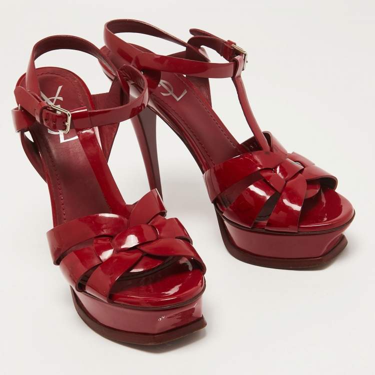 مملوكة مسبقًا Yves Saint Laurent Burgundy Patent Leather Tribute Sandals Size 38.5