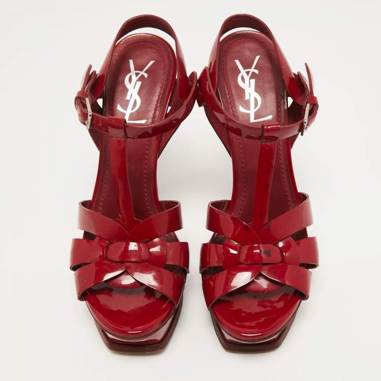 مملوكة مسبقًا Yves Saint Laurent Burgundy Patent Leather Tribute Sandals Size 38.5