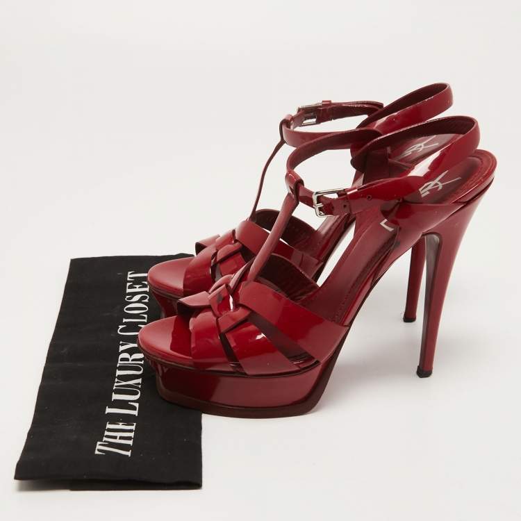 مملوكة مسبقًا Yves Saint Laurent Burgundy Patent Leather Tribute Sandals Size 38.5