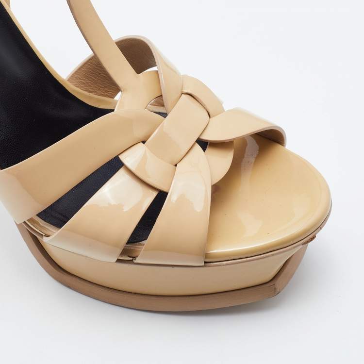 Pre Owned Yves Saint Laurent Beige Patent Leather Tribute Platform Sandals Size 38.5