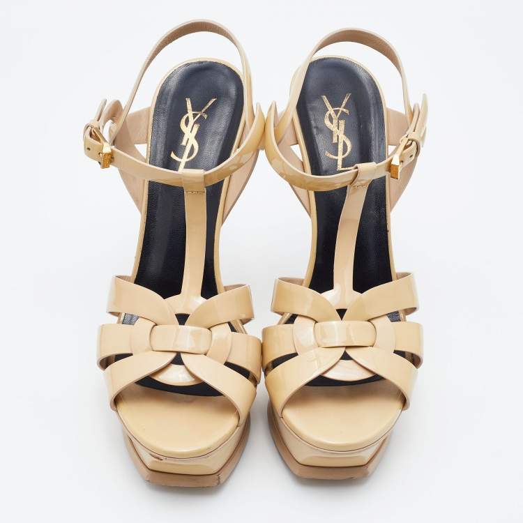 Pre Owned Yves Saint Laurent Beige Patent Leather Tribute Platform Sandals Size 38.5
