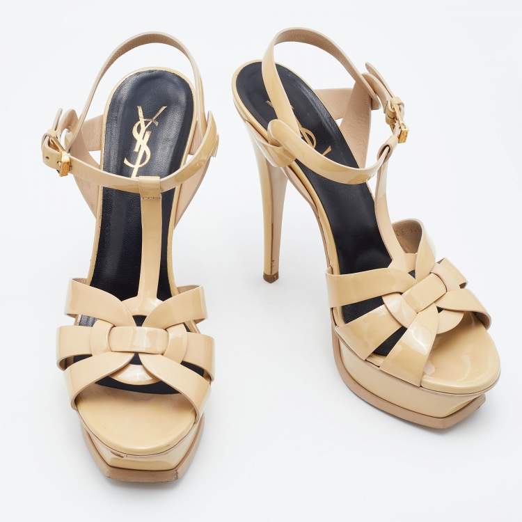 Pre Owned Yves Saint Laurent Beige Patent Leather Tribute Platform Sandals Size 38.5