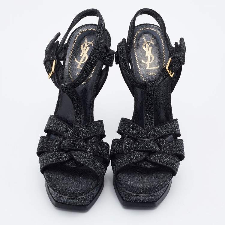 Pre Owned Yves Saint Laurent Black Textured Suede Platform Tribute Sandals Size 36