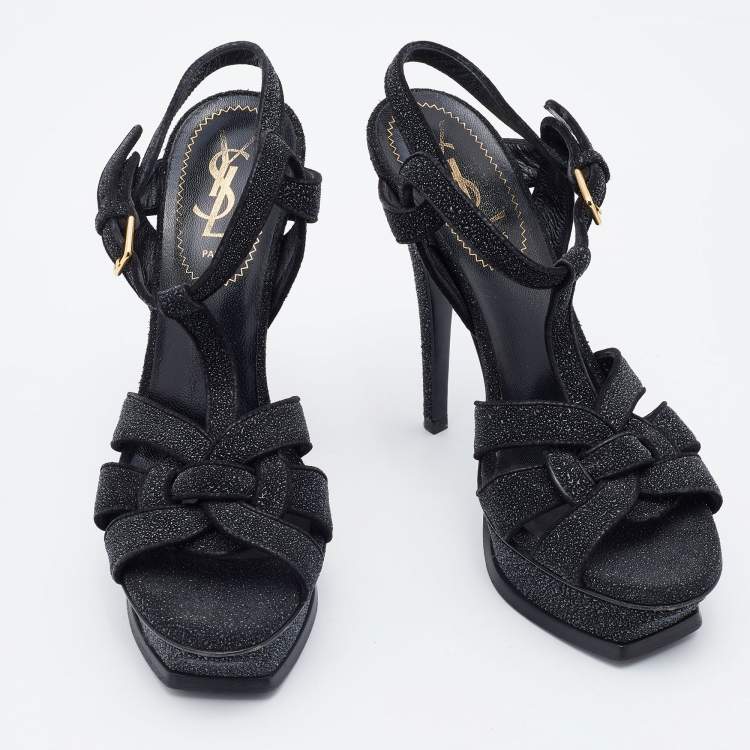 Pre Owned Yves Saint Laurent Black Textured Suede Platform Tribute Sandals Size 36