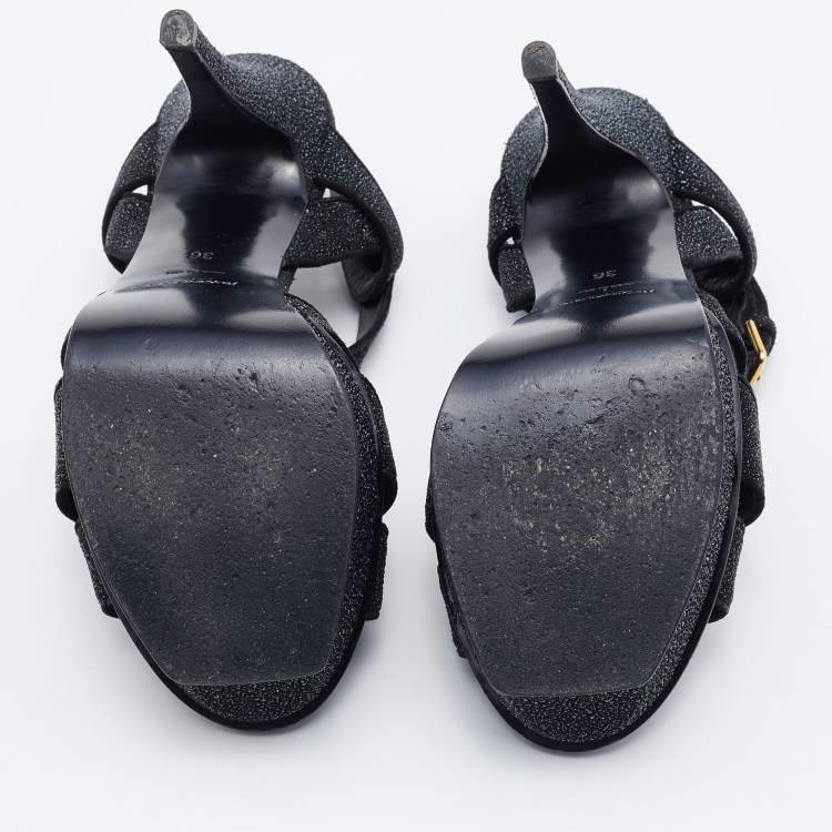 Pre Owned Yves Saint Laurent Black Textured Suede Platform Tribute Sandals Size 36