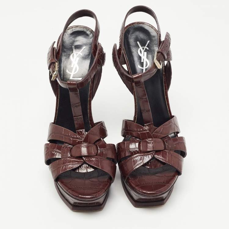 مملوكة مسبقًا Yves Saint Laurent Burgundy Croc Embossed Leather Tribute Sandals Size 39