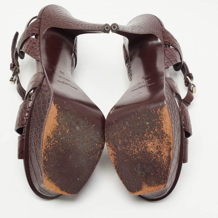 مملوكة مسبقًا Yves Saint Laurent Burgundy Croc Embossed Leather Tribute Sandals Size 39