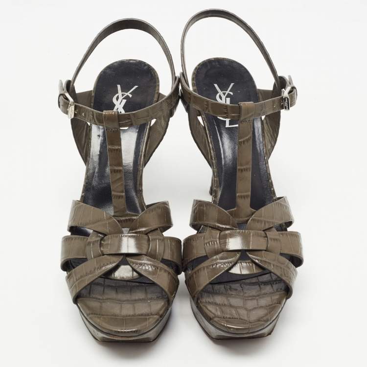 Pre Owned Yves Saint Laurent Grey Croc Embossed Leather Tribute Sandals Size 41
