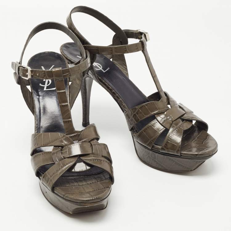 Pre Owned Yves Saint Laurent Grey Croc Embossed Leather Tribute Sandals Size 41