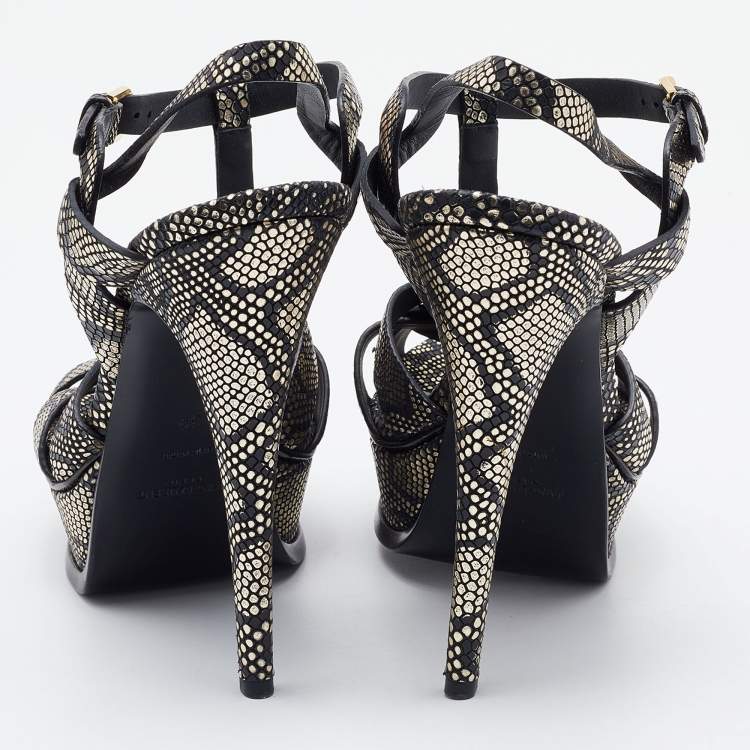 Pre Owned Yves Saint Laurent Metallic Black/Gold Python Embossed Leather Tribute Platform Sandals Size 39