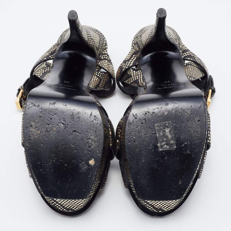 Pre Owned Yves Saint Laurent Metallic Black/Gold Python Embossed Leather Tribute Platform Sandals Size 39
