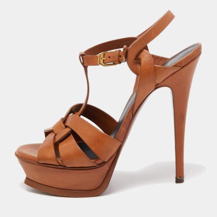 Pre Owned Yves Saint Laurent Brown Leather Tribute Sandals Size 37.5
