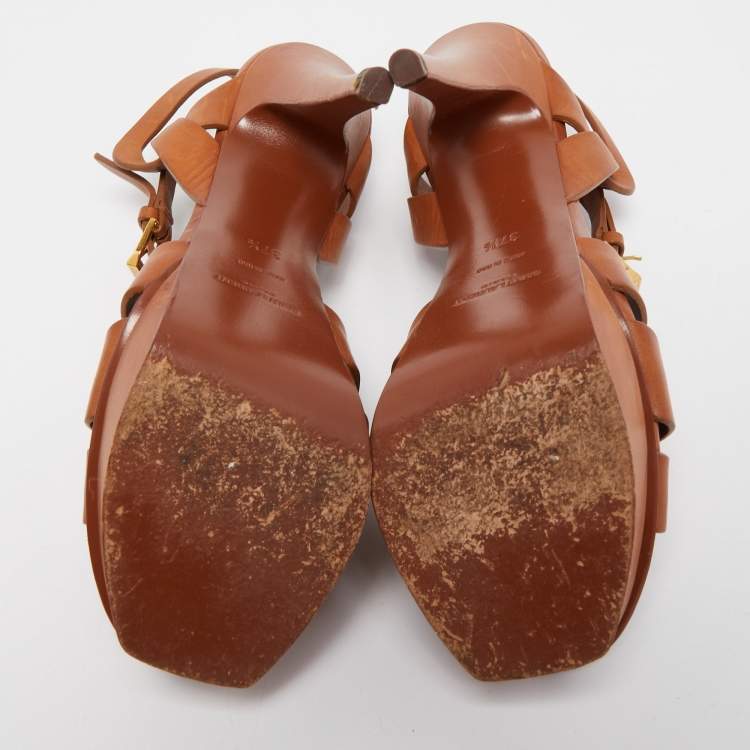 Pre Owned Yves Saint Laurent Brown Leather Tribute Sandals Size 37.5