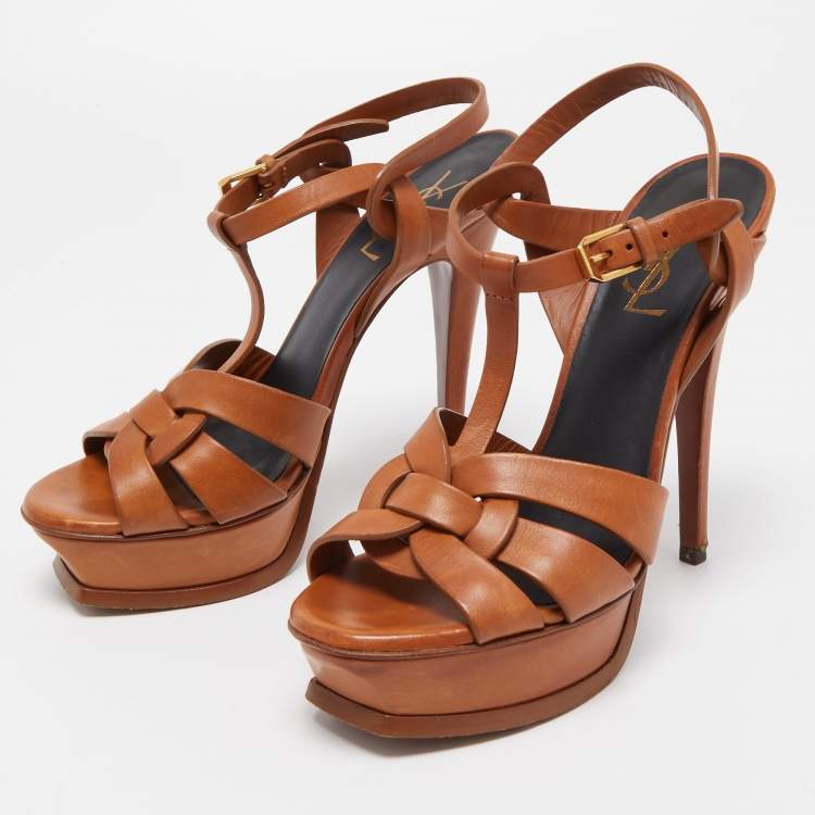 Pre Owned Yves Saint Laurent Brown Leather Tribute Sandals Size 37.5