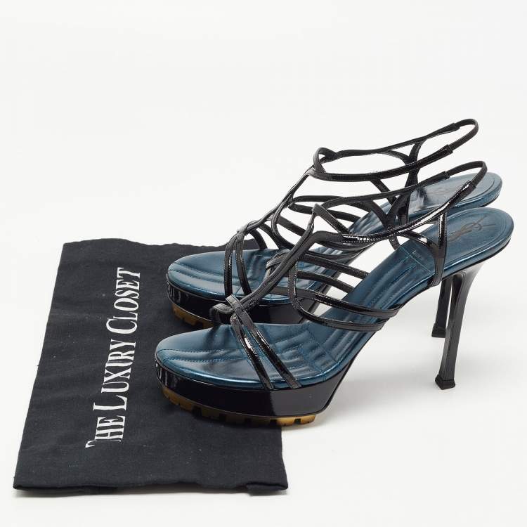 Pre Owned Yves Saint Laurent Black Patent Leather Strappy Platform Sandals Size 39
