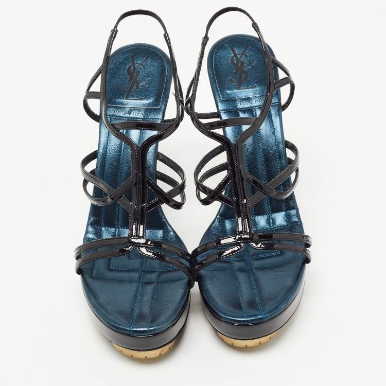 Pre Owned Yves Saint Laurent Black Patent Leather Strappy Platform Sandals Size 39