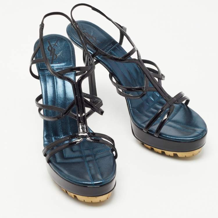 Pre Owned Yves Saint Laurent Black Patent Leather Strappy Platform Sandals Size 39