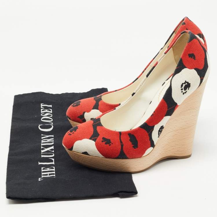 Pre Owned Yves Saint Laurent Tricolor Floral Print Canvas Wedge Pumps Size 36